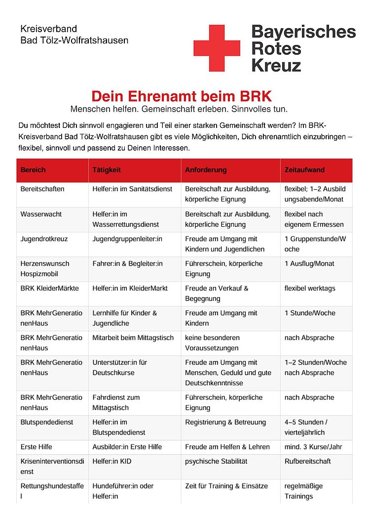 Liste, die zeigt in welchen Bereichen im kreisverband ehrenamtliches Engagement gefragt ist.